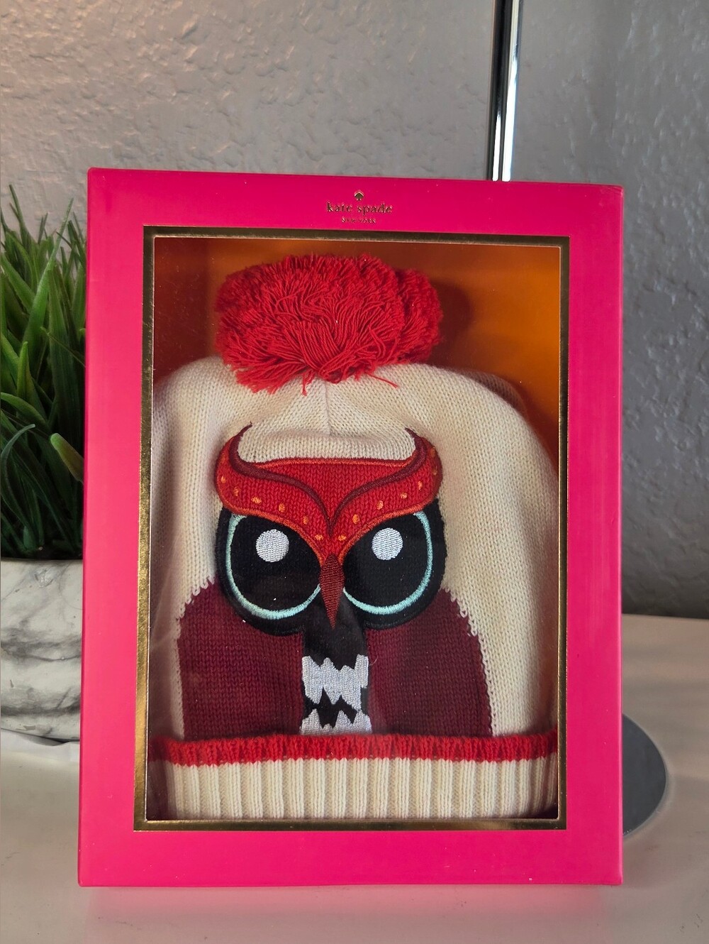 Kate Spade Cream And Red Owl Pom Beanie With Mittens